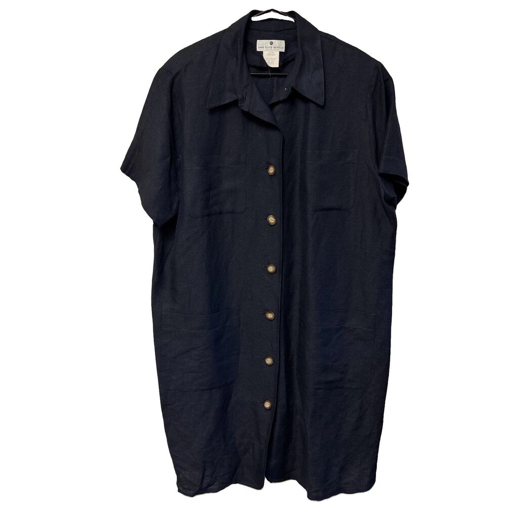 Sals Fifth Ave Navy Linen Blend Shirt Dress Buttons Academia Modest Vintage 2X